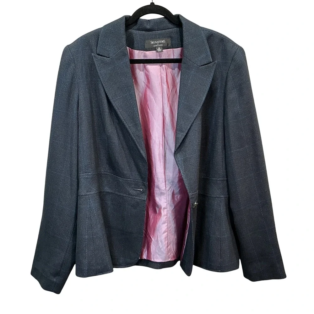 Signature by Larry Levine Womens Blazer 18 Charcoal‎ Gray Plaid Peplum Jacket
